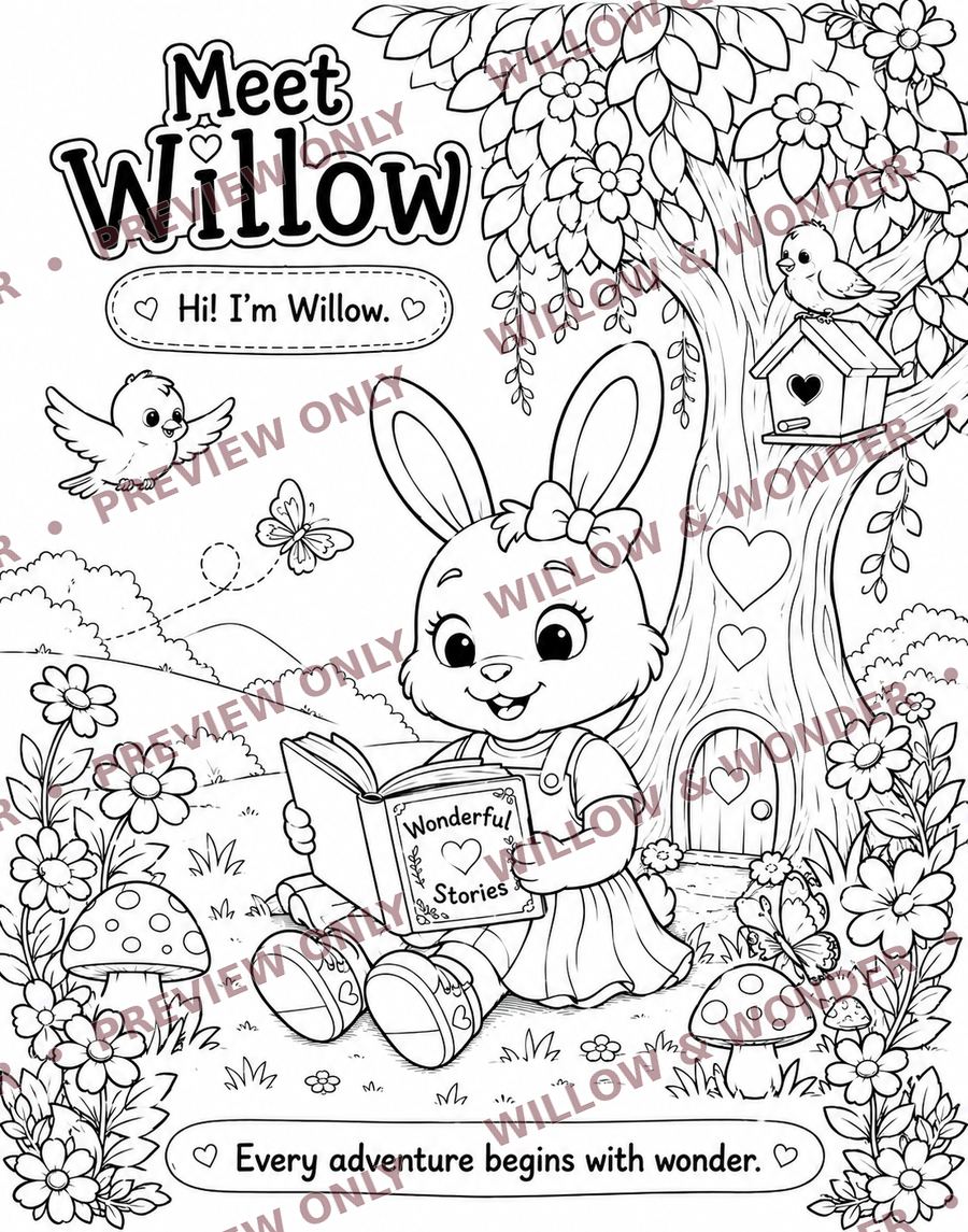 Watermarked coloring page of Willow reading beneath a tree